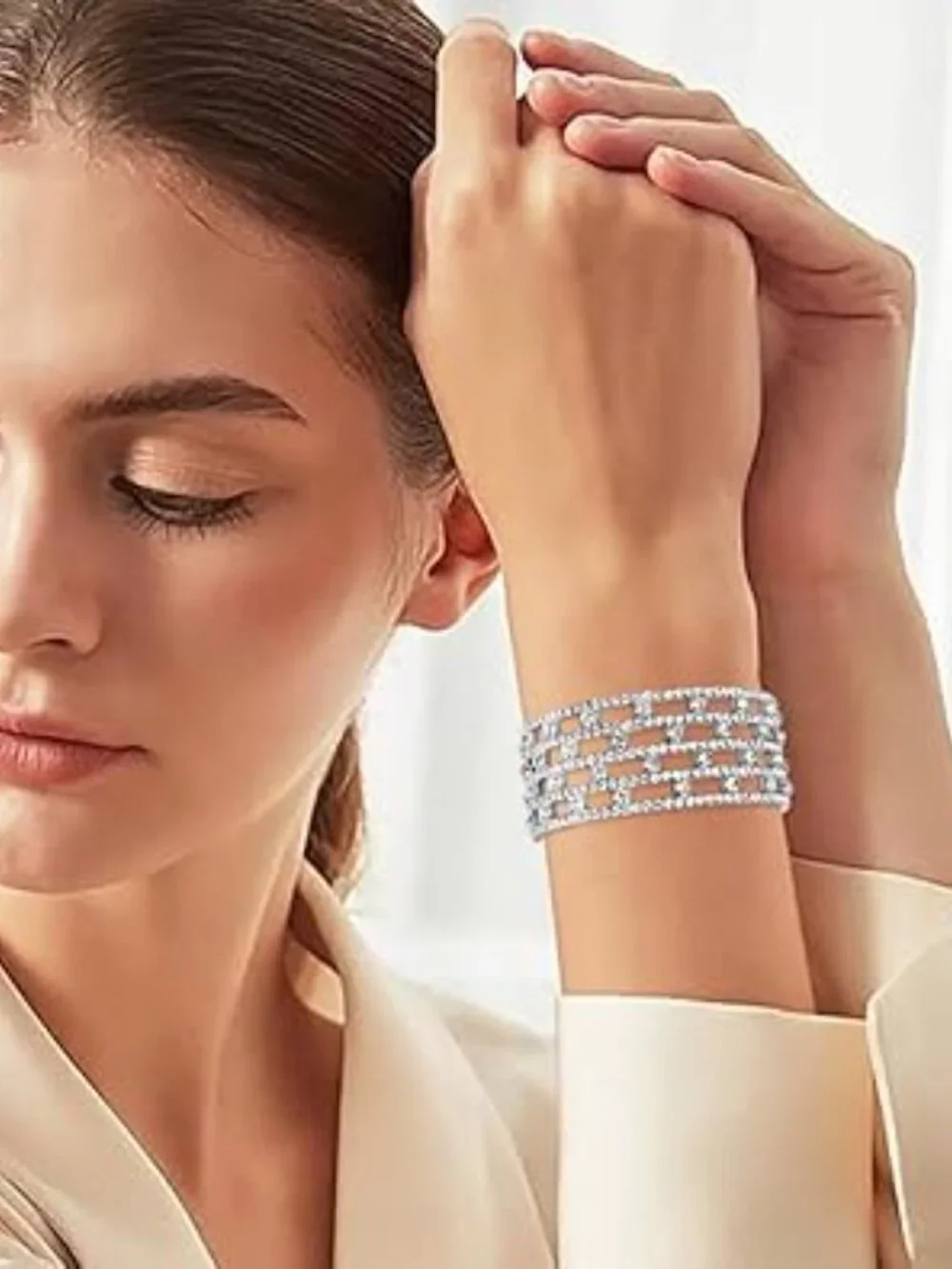 Multi Layer Crystal Cuff Bracelet Silver Tone  Lots of Rhinestones‎
